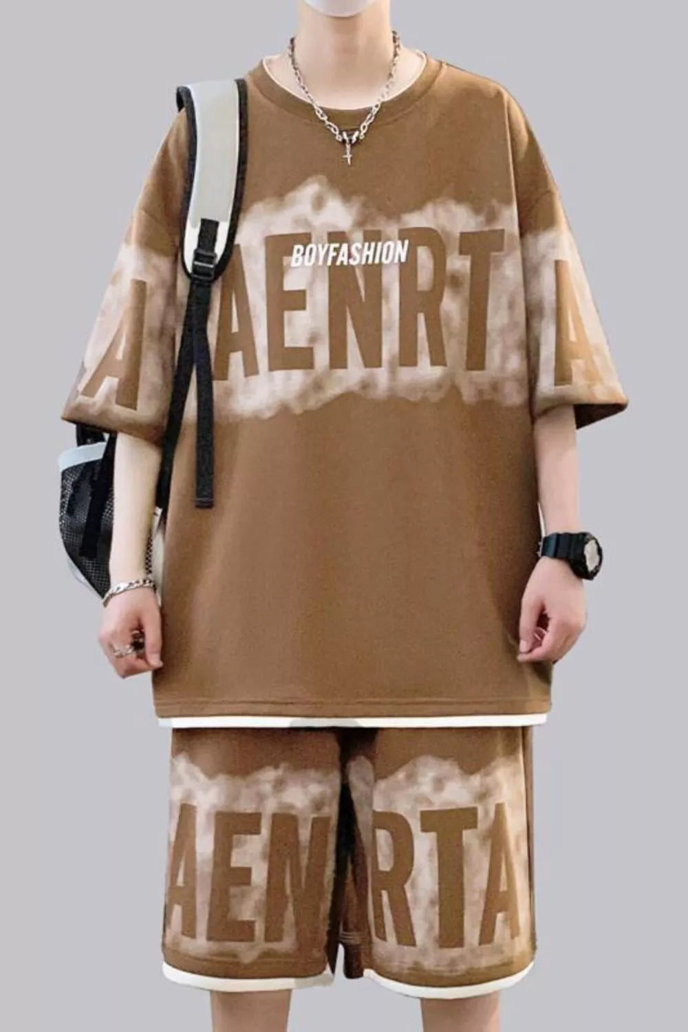 Men's Plus Size Letter Round Neck Tee and Shorts Set