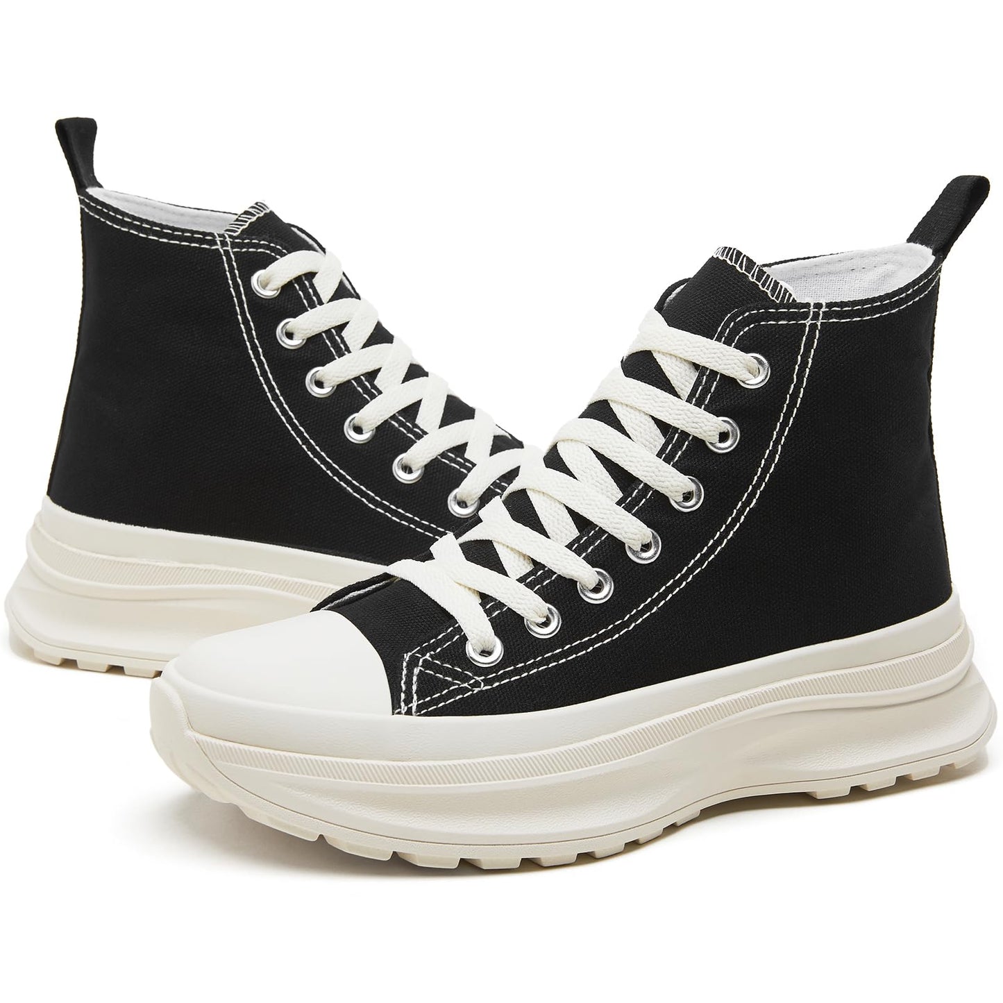 Waluzs Womens High Top Sneakers Black High Tops Platform Sneakers Lace UP Canvas Shoes White Tennis Shoes for Gym(Black.US8)