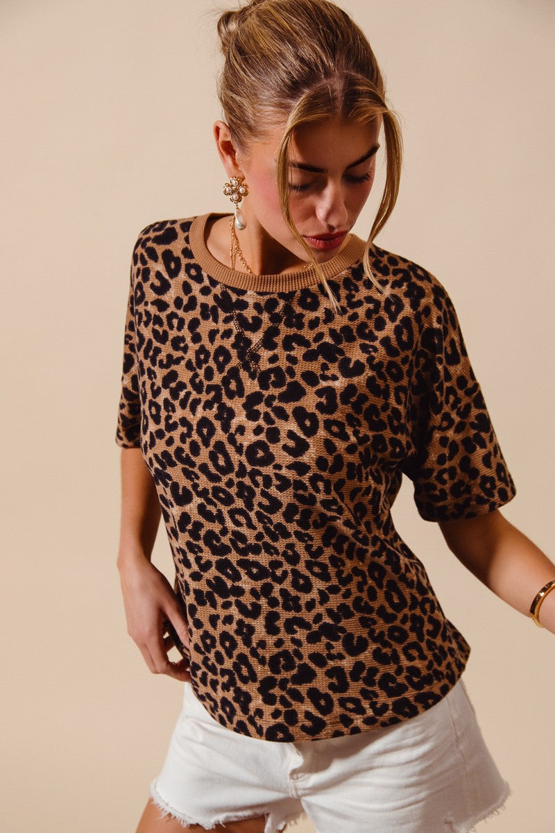 SO ME Leopard Thermal Waffle Knit Loose Fit Top