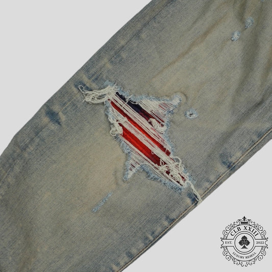 Amiri MX1 Plaid Patch Jeans in Clay Indigo/Red