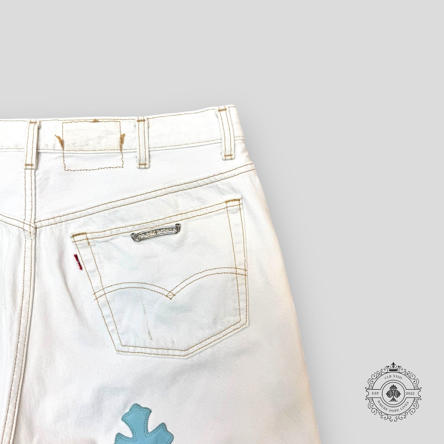 Chrome Hearts Cross Patch Jeans in White / Blue