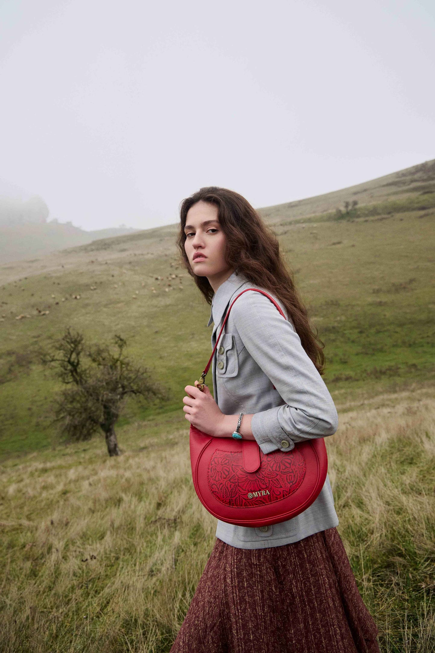 Myra Alanna Embossed Leather Bag in Wild Cherry