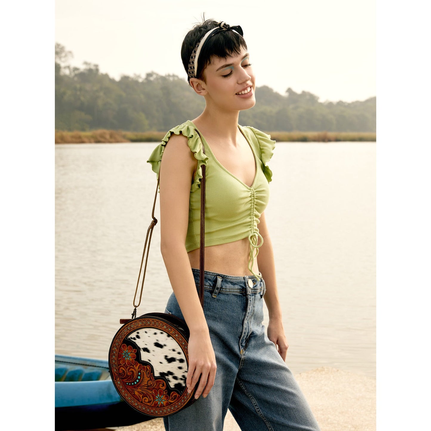 Myra Simply Sober Round Hairon Leather Crossbody – Handtooled Floral & Cowhide Circle Bag for Carnival Adventures