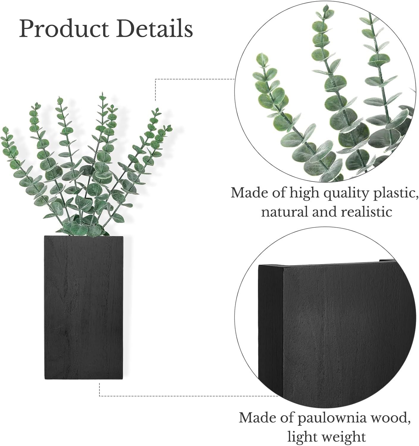 2 Pack Wood Wall Planter Vase with Artificial Eucalyptus Farmhouse Wall Hanging Decor Pocket Planter for Indoor Fake Plants Greenery, Living Room Bedroom Kitchen Home Office Decoration, Black