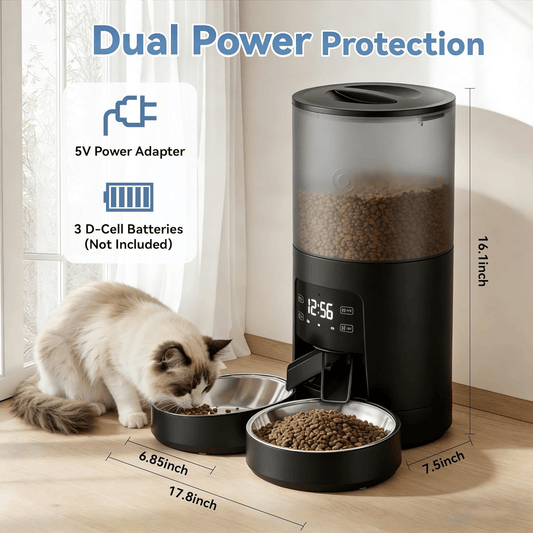 6L Automatic Cat Feeder for 2 Cats, Timed Cat Food Dispenser with 2 Stainless Bowls, 10s Voice Recorder, Dual Power Supply, 6 Meals 50 Portions Per Day, Dual Pet Feeder for Cat and Dog
