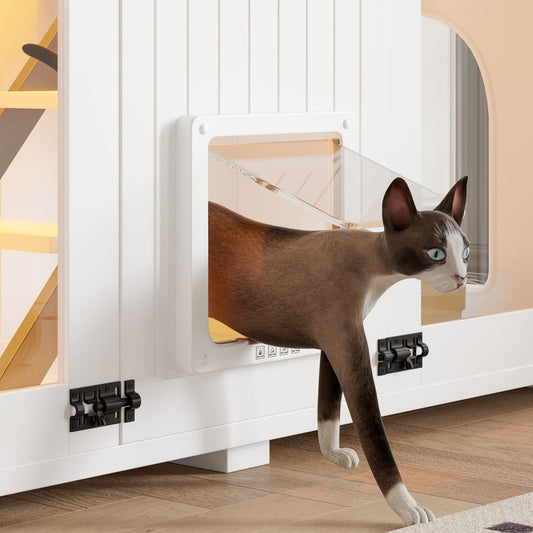 47.25" Large Cat Litter Box Enclosure with LED Light, Hidden Litter Box Furniture, Cat House with Stairs and Cat Scratching Post, Cat Cabinet Side Table with Smart Doors for Living Room