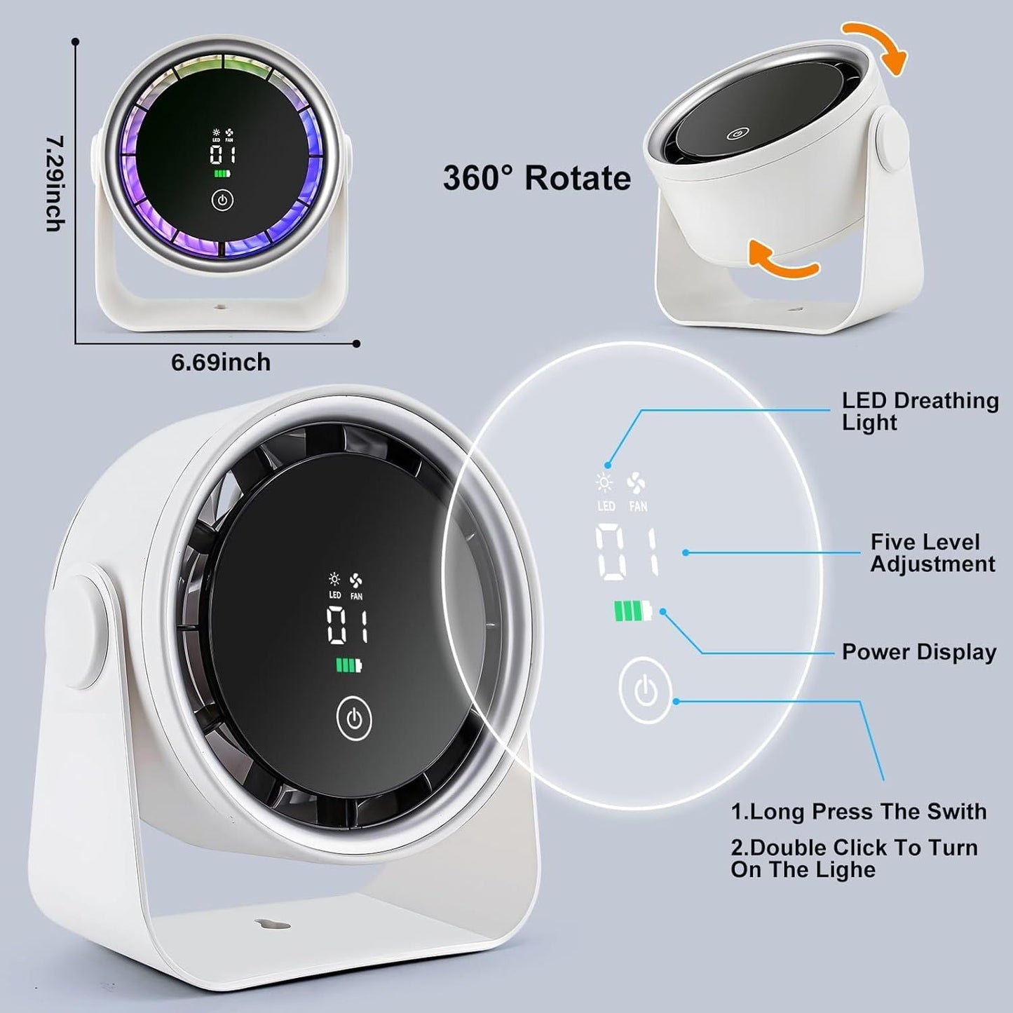 Small Desk Fan 5000mAh Rechargeable Battery Powered -Retro Low Noise Quiet Portable Gentle Blowing with LED Night Light Office Bedroom Table Top Wall Hanging Kitchen Camping Dorm 5-Speed 360° Rotation