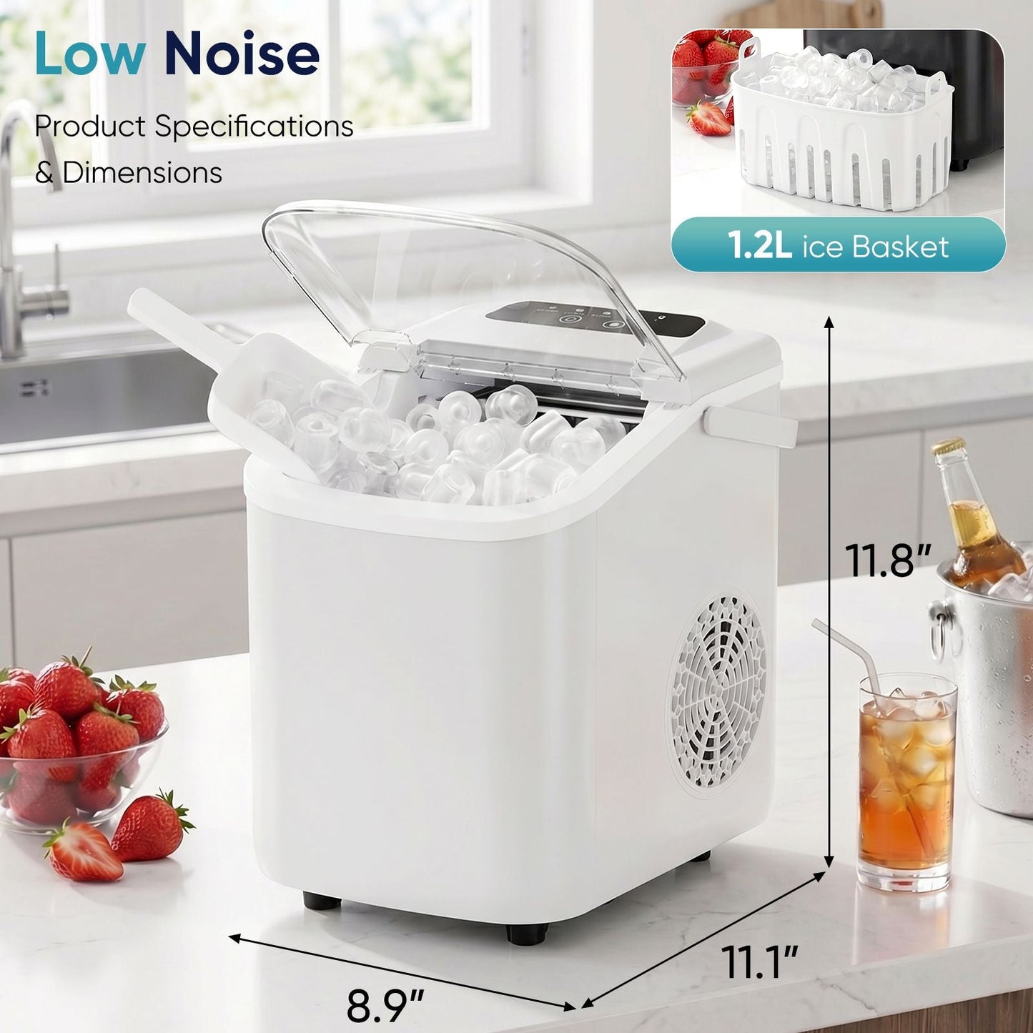 Desktop ice maker, with movable handle, can produce 9 ice balls in 6 to 8 minutes, equipped with a basket and a spoon