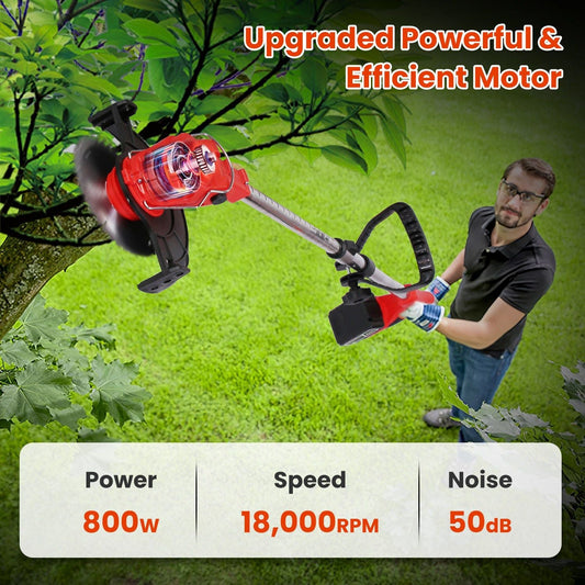 800W Powerful Cordless Lawn Wacker with Detachable Wheels - 2 Rechargeable Batteries , 3 Types of Blades (Plastic/Alloy/Stainless Steel), Adjustable Head & Extendable Handle for Garden Maintenance