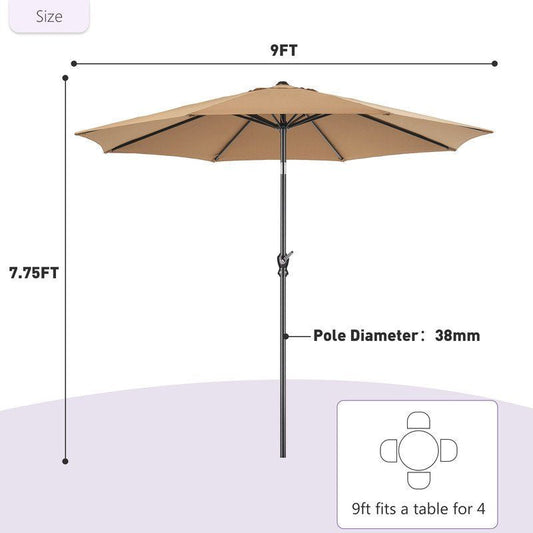9FT Outdoor Patio Umbrella Outdoor Table Umbrella with Push Button Tilt and Crank, Market Umbrella 8 Sturdy Ribs UV Protection Waterproof for Garden, Khaki-New