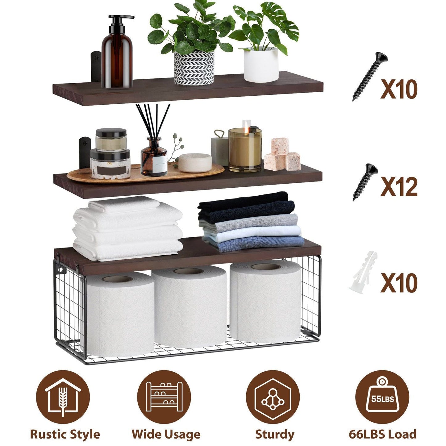 Rustic 2-in-1 Floating Shelves & Storage Basket - Durable Paulownia Wood, 66Lbs Capacity, Corrosion-Resistant Wall Decor