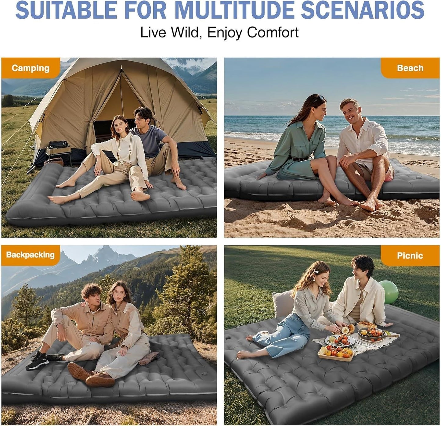 Camping Sleeping Pad, Ultralight Camping Mat with Pillow Built-in Foot Pump, 4" Thick Inflatable Sleeping Mat Compact for Backpacking, Hiking, Car Traveling, Camp Tent