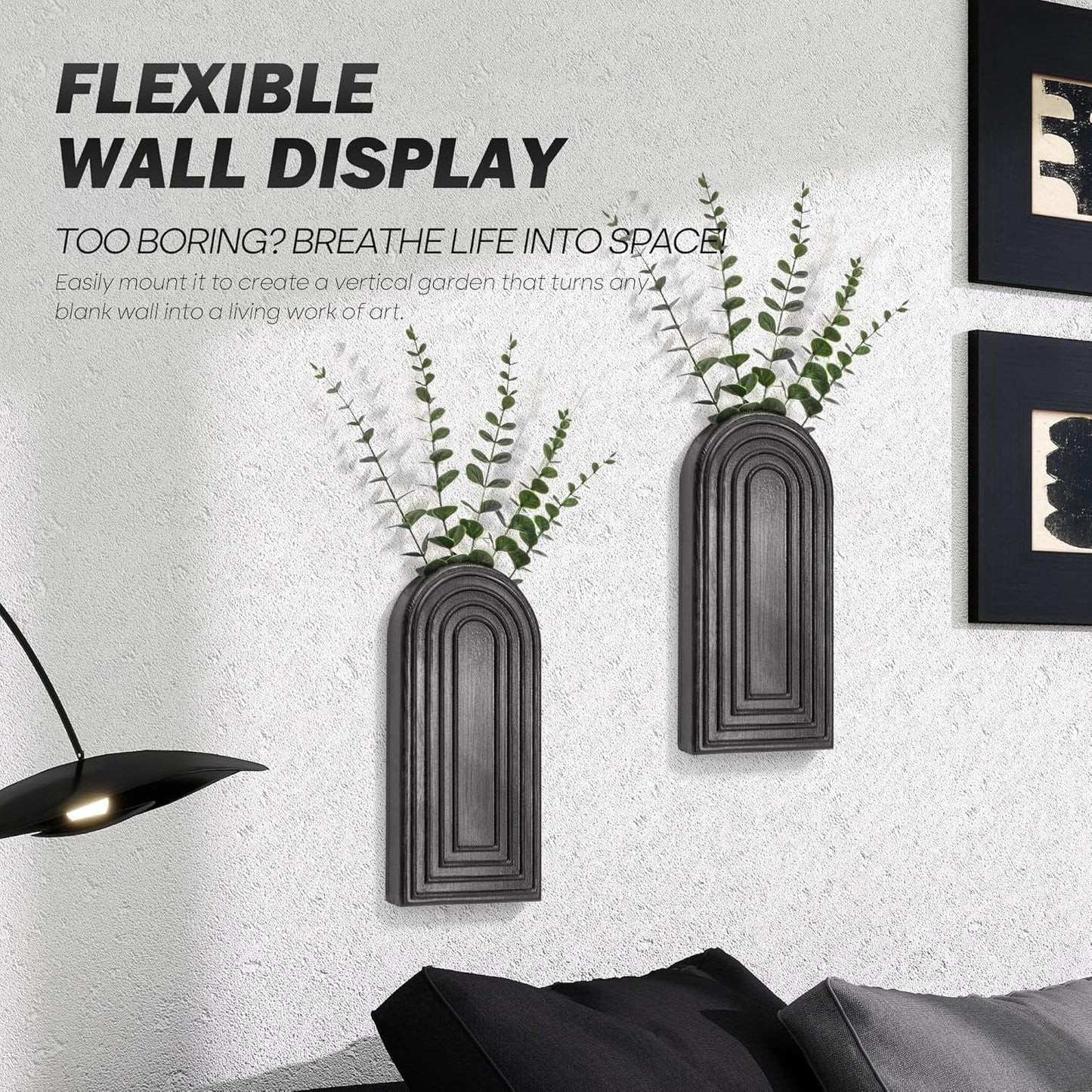 Pine Wood Wall Vases Set of 2 – Modern Wall Decor & Hanging Planters for Indoor Plants – Boho Home Decor Accent with Rustic Charm for Living Room, Kitchen & Bedroom (Black)
