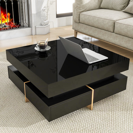 Sleek Black High Gloss Modern Coffee Table with 4 Drawers for Organized Living Rooms, Square Design with Wood Grain Legs, Ideal Cocktail Table 31.5''x31.5''