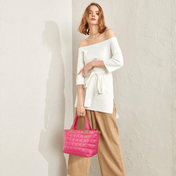 Puffer Tote Bag for Women with Zipper, Quilted Puffy bag Lightweight Crossbody Hobo Padded Handbag with Strap-Rose