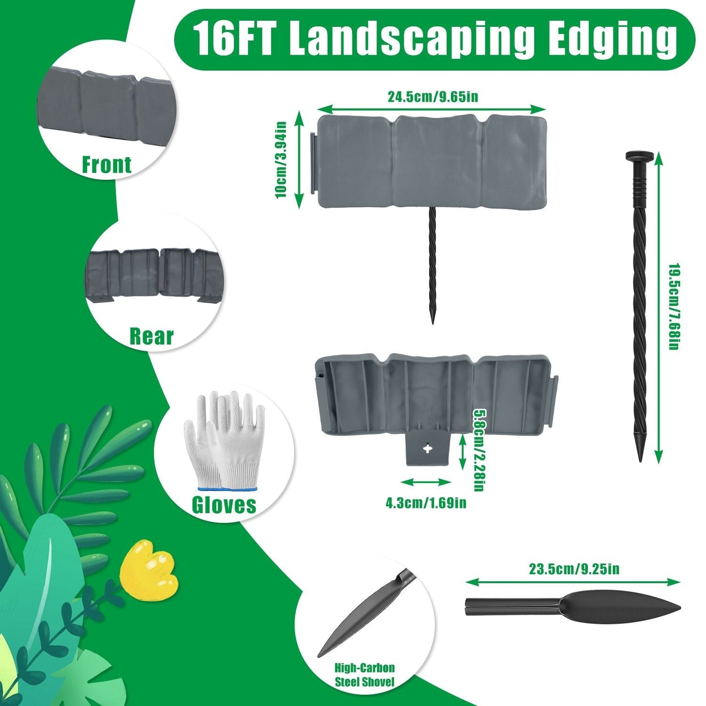 Flexible Cobblestone Landscape Edging, Weather Resistant PVC Garden Border Edging with Spikes & Shovel, Interlocking No Dig Lawn Edging for Yard Flower Bed Pathway