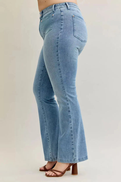 Judy Blue Full Size Mid Rise Bootcut Jeans with Contrast Wash & Front Patch Pockets Plus Size