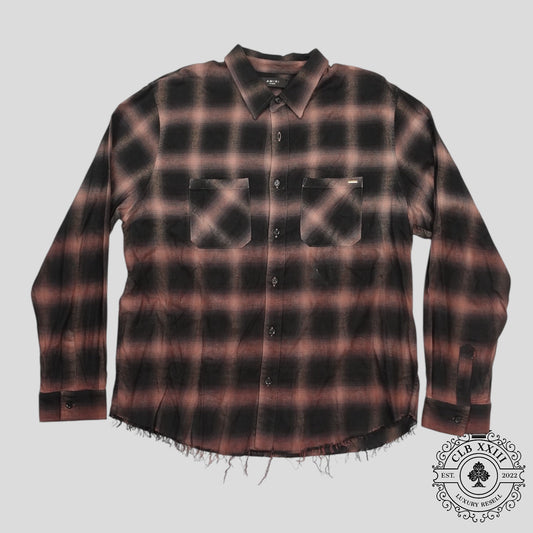 Amiri Distressed Plaid Button Up in Brown