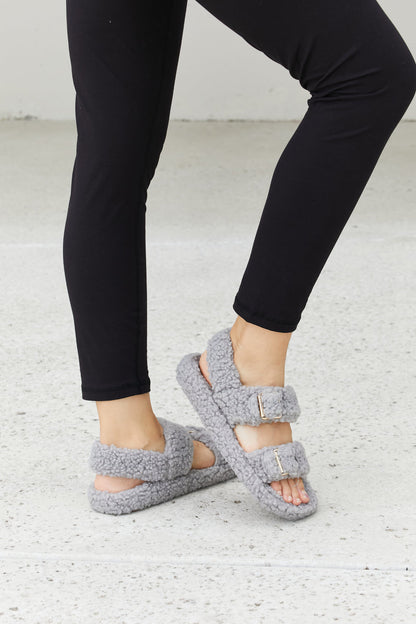 Qupid Cozy Atmosphere Faux Fur Buckled Sandals in Grey