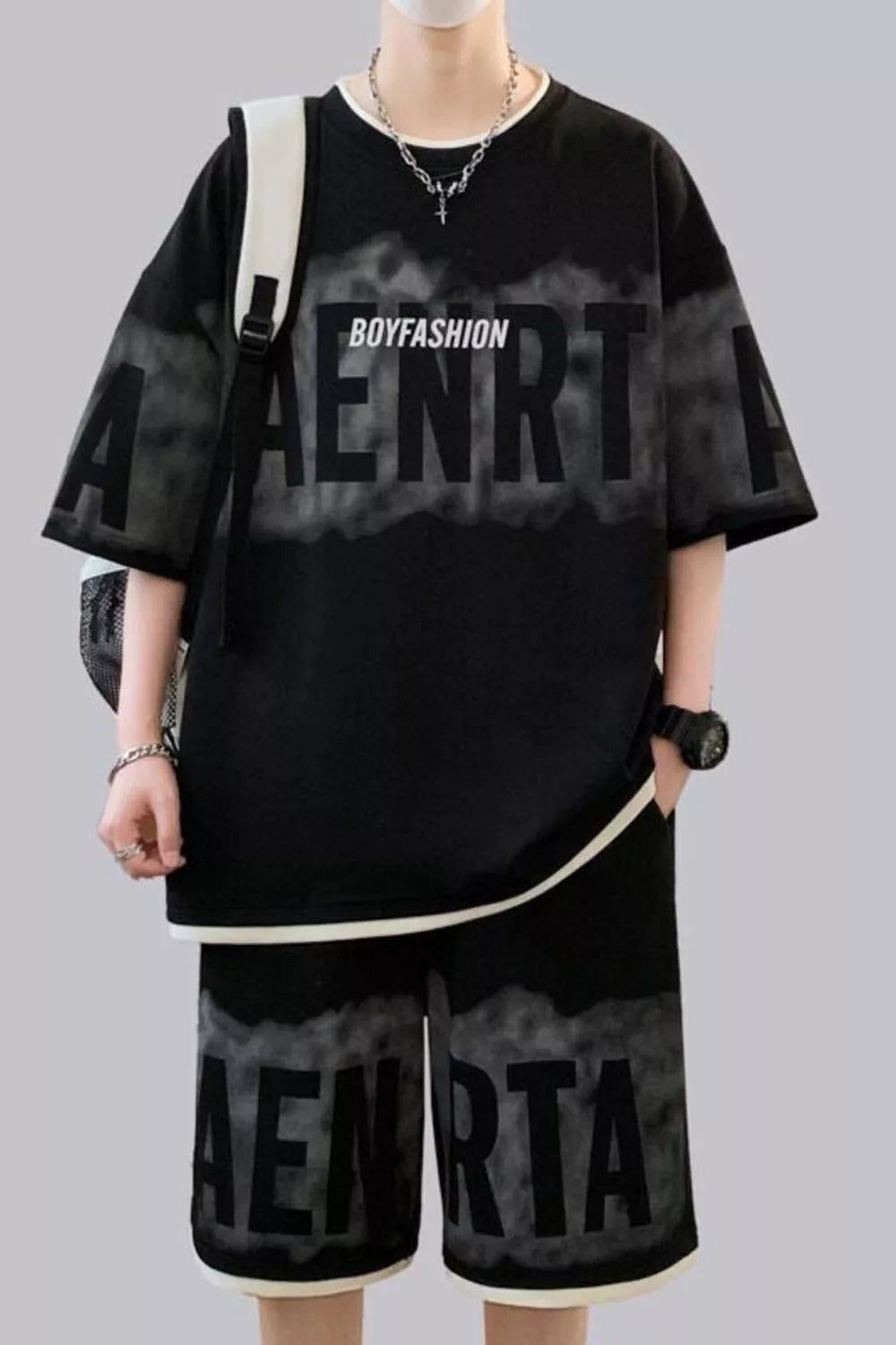 Men's Plus Size Letter Round Neck Tee and Shorts Set