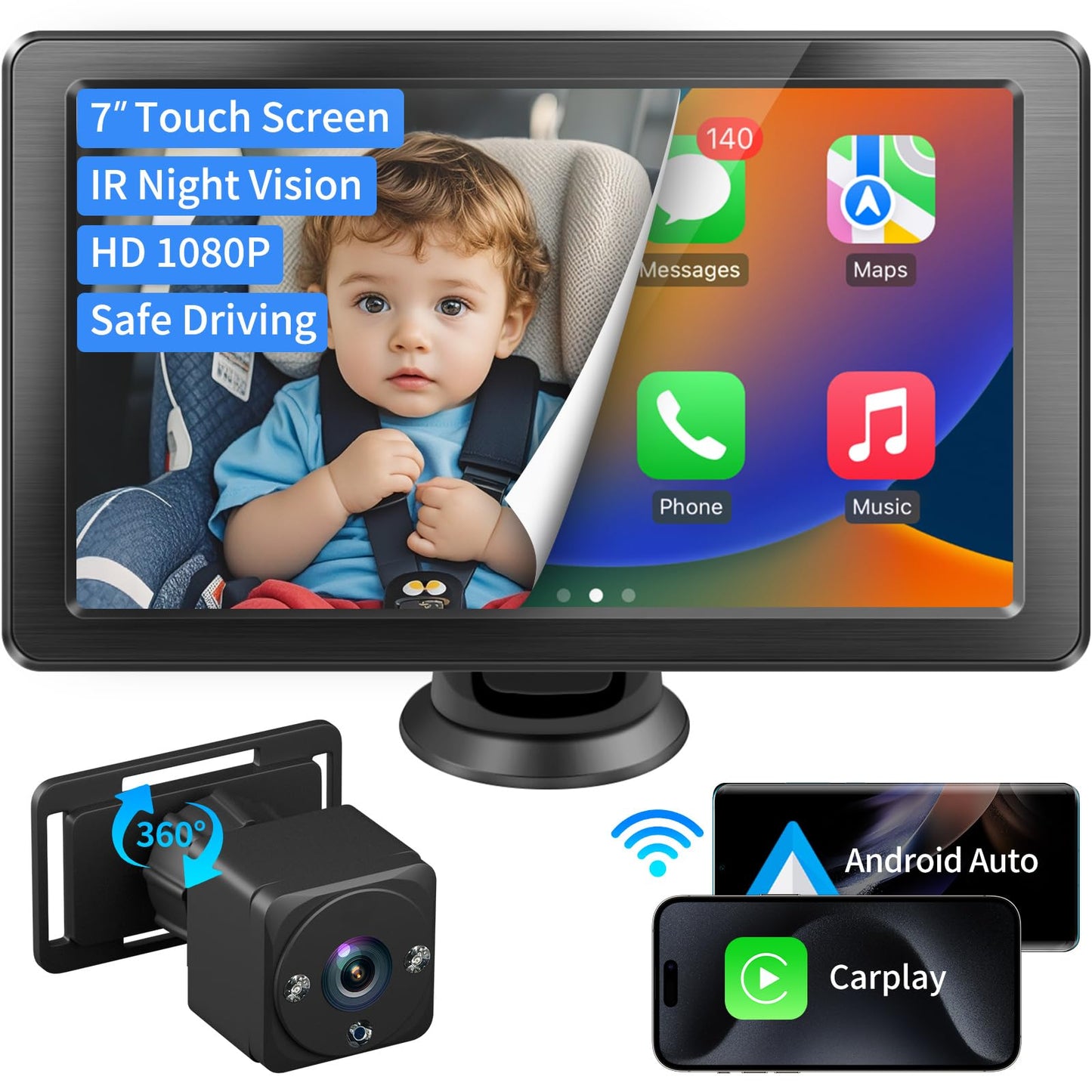 Faninso 7" HD Touchscreen Baby Car Camera - Car Baby Monitor 1080p Ultra Night Vision Invisible Infrared Lights 150° Wide Angle Compatible with Apple CarPlay Easy Installation Fits Most Cars