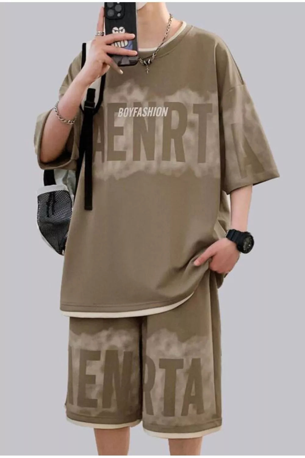 Men's Plus Size Letter Round Neck Tee and Shorts Set