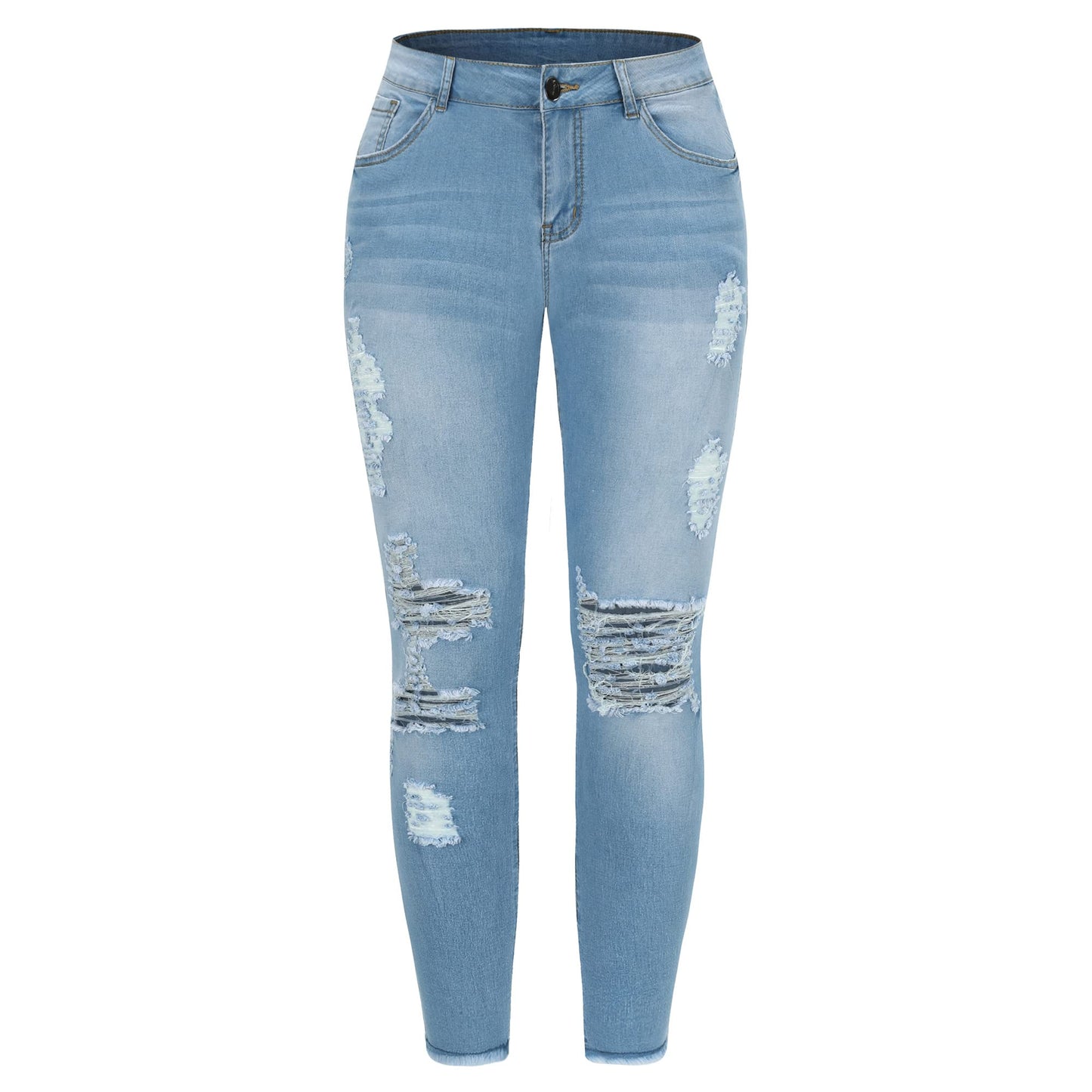 THUNDER STAR Womens Stretch Ripped Cropped Jeans Mid Rise Distressed Casual Denim Pants Light Blue L