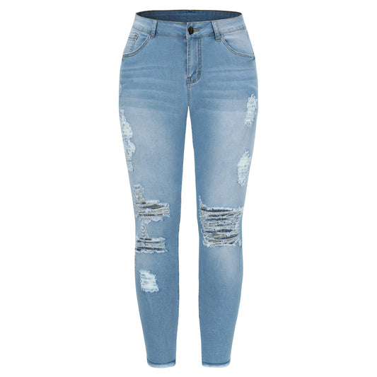 THUNDER STAR Womens Stretch Ripped Cropped Jeans Mid Rise Distressed Casual Denim Pants Light Blue L