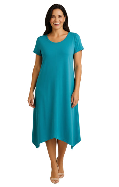 Women's Knit Wide Scoop Neck Short Sleeve Dress in A-line Asymmetrical Hem