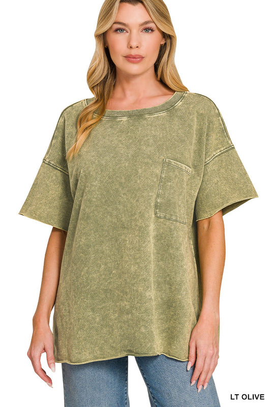 Zenana French Terry Washed Drop Shoulder Raw Edge Top