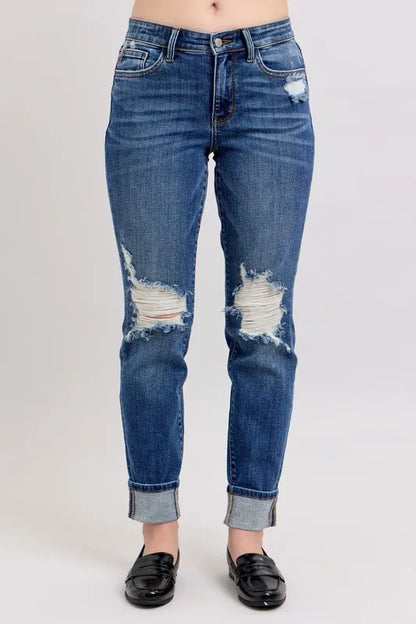 Judy Blue Full Size Mid Rise Boyfriend destroy Jeans with Yoke Pockets and Faux Selvedge Cuff Plus Size