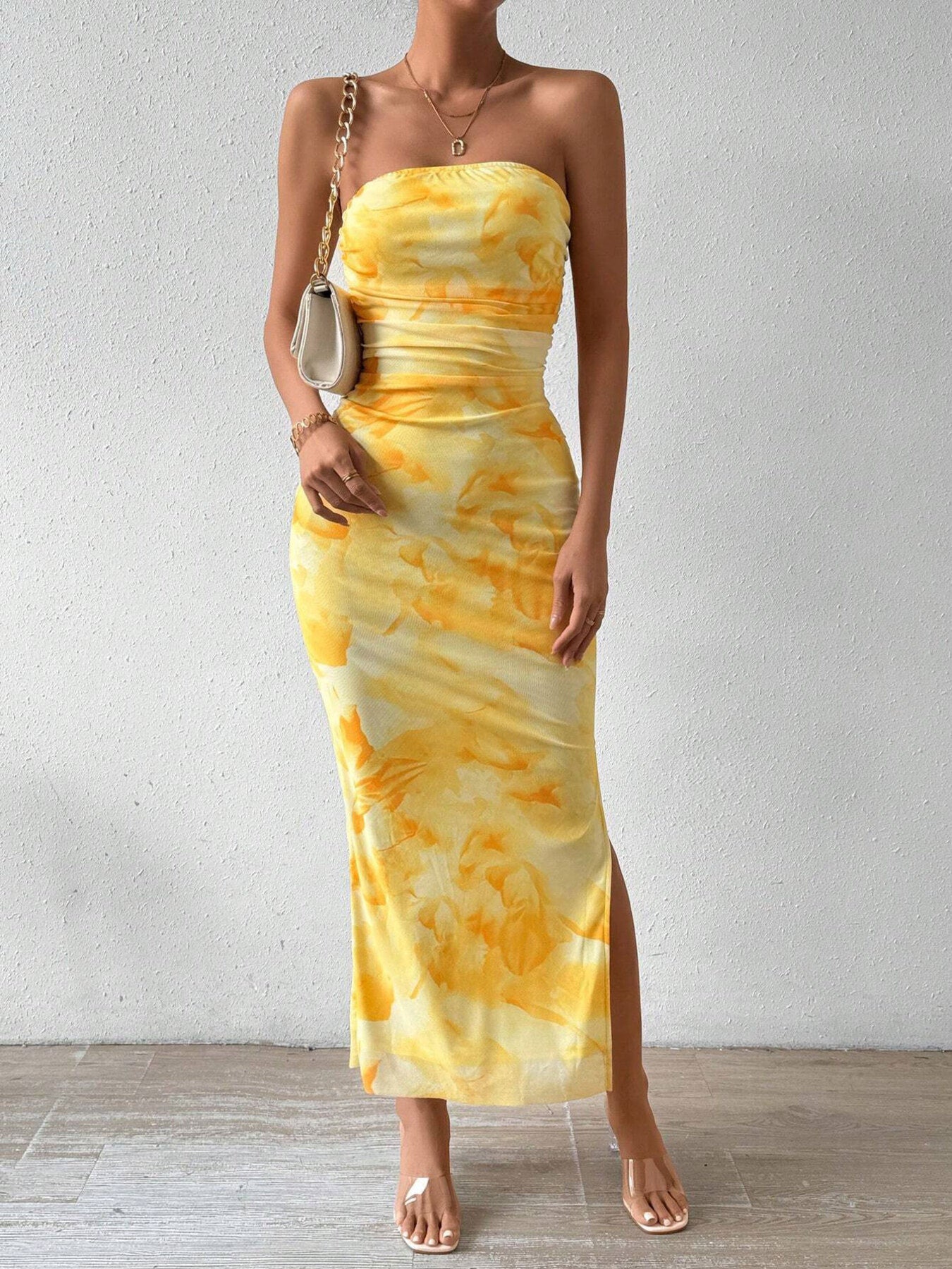 Ruched Strapless Bodycon Midi Dress
