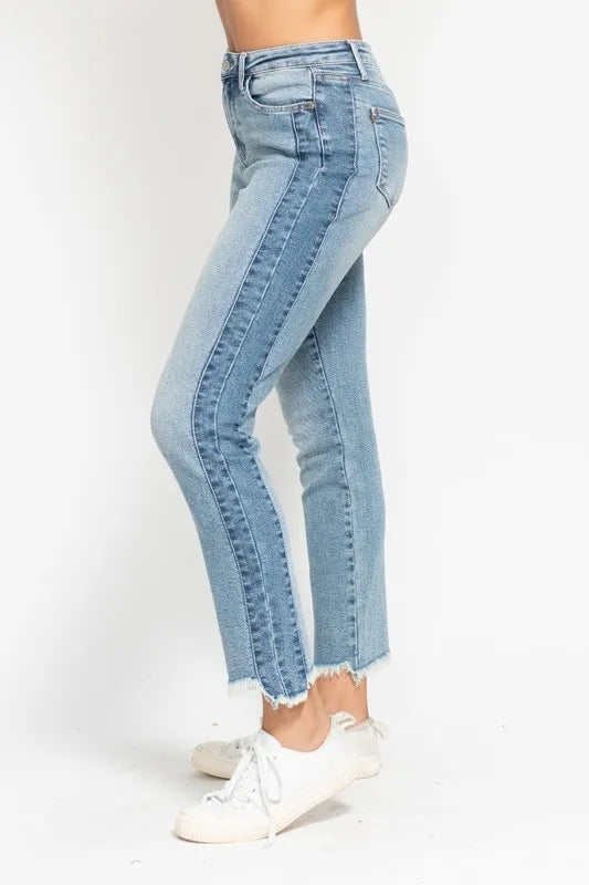 Judy Blue Full Size Vintage Wash Side Panel Detail with Fray Hem Slim Plus Size