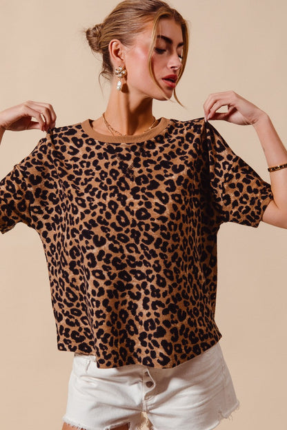 SO ME Leopard Thermal Waffle Knit Loose Fit Top
