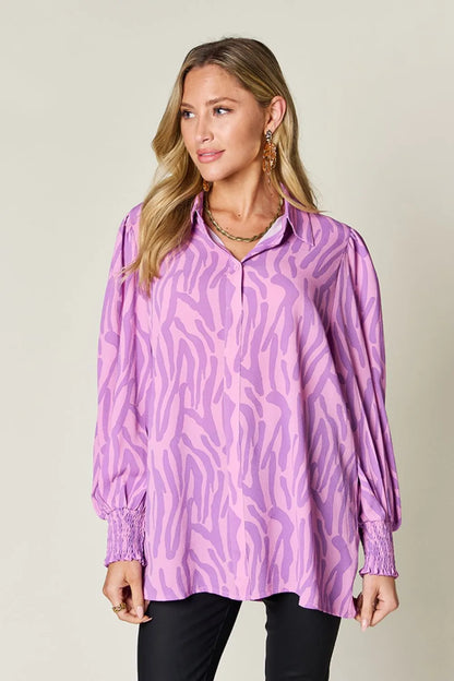 Double Take Full Size Printed Smocked Long Sleeve Blouse Plus Size