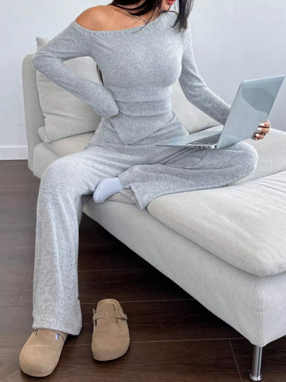 One-Shoulder Long Sleeve Top and Pants Set