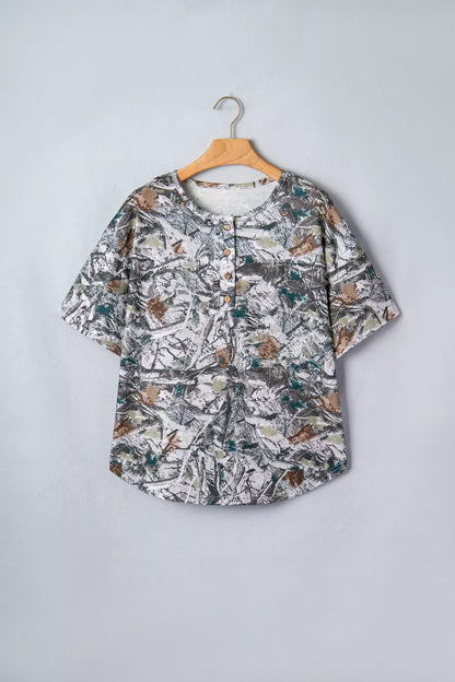Abstract Woodland Print Tunic Henley T Shirt
