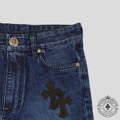 Chrome Hearts Cross Patch Denim Shorts in Dark Wash