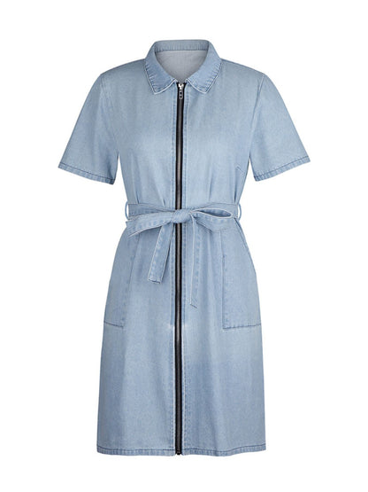 Zip Front Short Sleeve Denim Dress