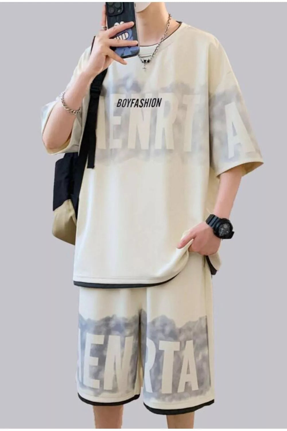 Men's Plus Size Letter Round Neck Tee and Shorts Set