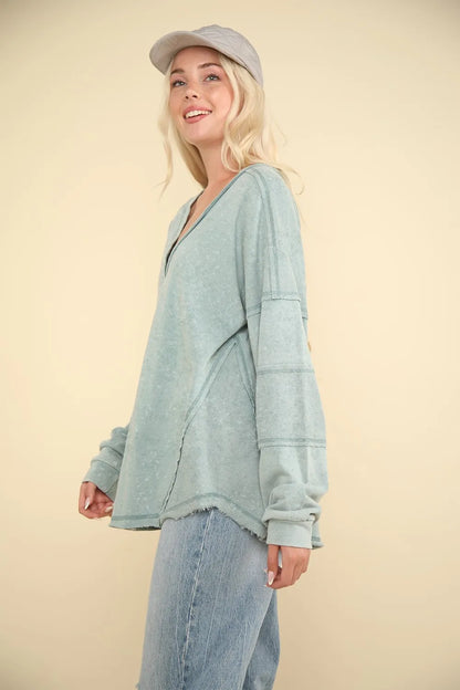 VERY J Washed V-Neck Exposed Seam Knit Top