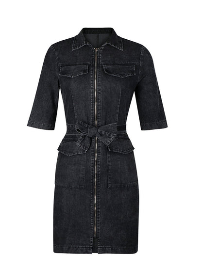Zipper Front Short Sleeve Denim Dress