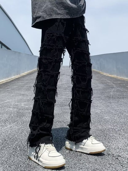 Men's Full Size Frayed Slim Fit Jeans Plus Size