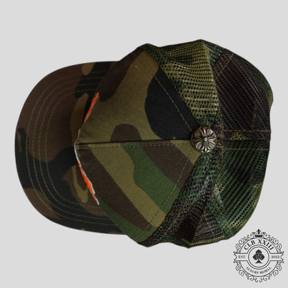 Chrome Hearts Leather Triple Cross Trucker Hat in Camo/Orange