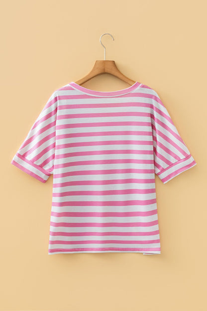 Stripe V Neck Patched Pocket Casual T Shirt