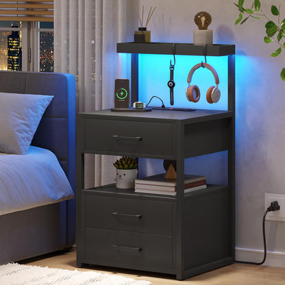 VIAGDO Led Nightstand with Charging Station 3 Drawers Night Stands with Led Lights Black Bedside Tables with Storage Shelves Modern End Side Tables for Bedroom Office