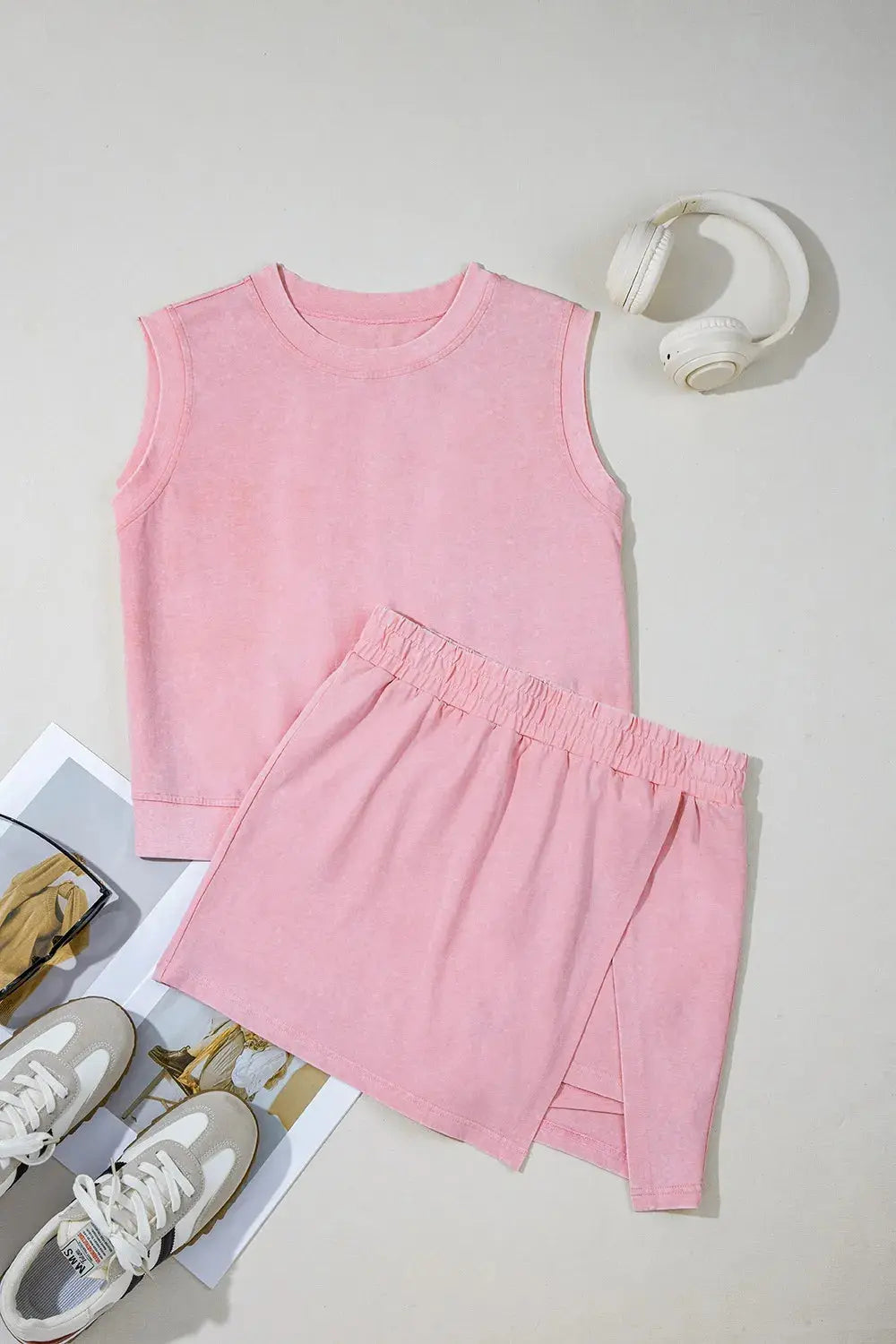 Mineral Wash Cotton Tank Top and Slit Skort Set