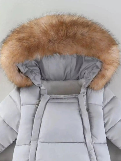Children's Warm Padded One-Piece Snowsuit with Fur Hood