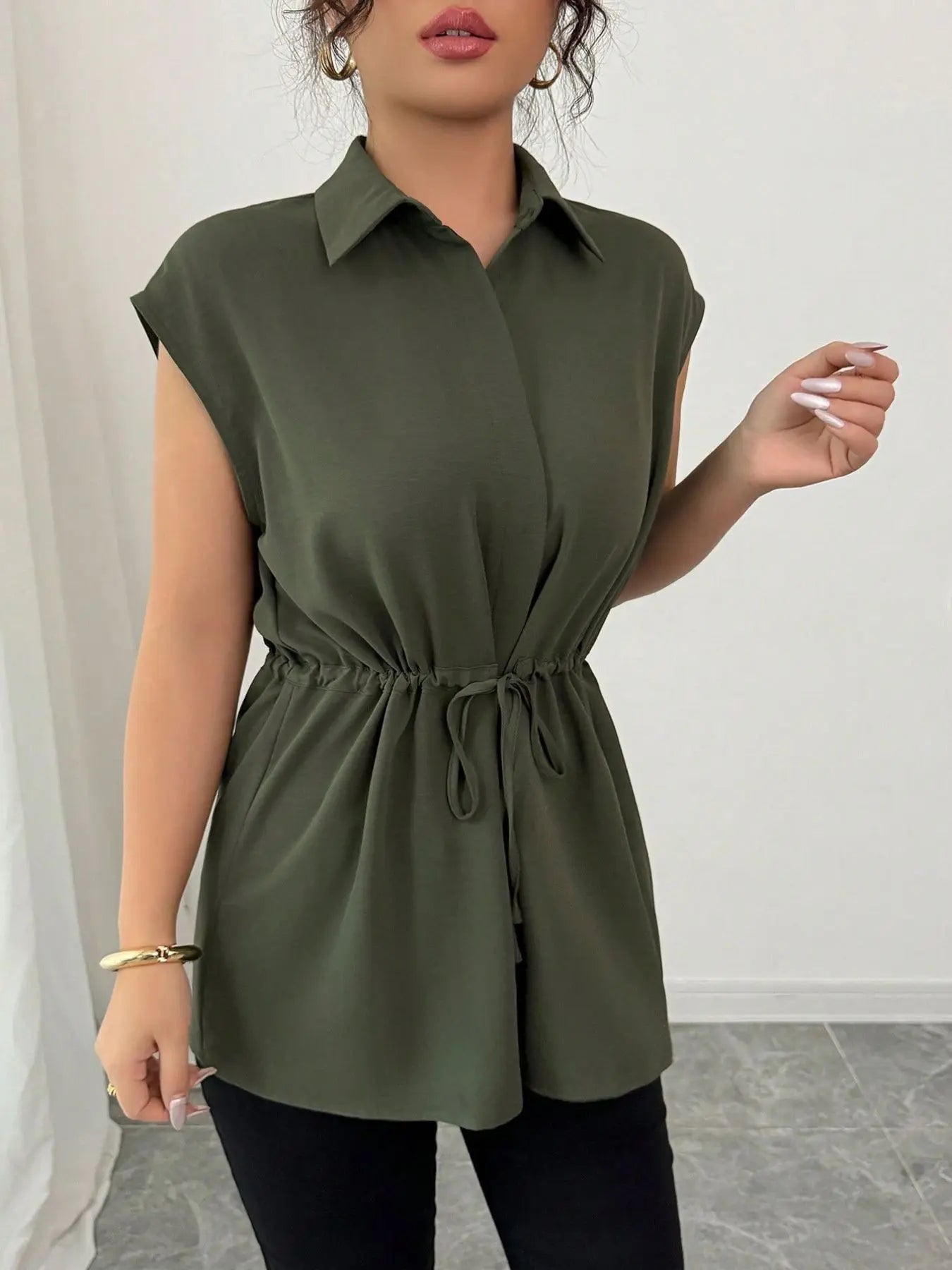 Drawstring Waist Cap Sleeve Shirt