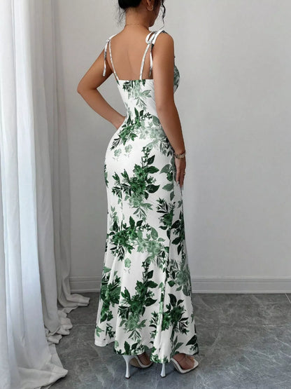 Printed Tie Strap Slit Maxi Dress